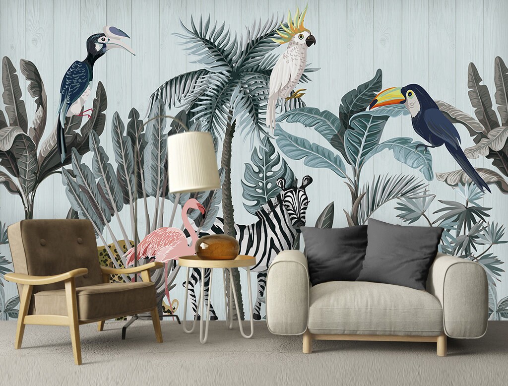 Tropical Jungle Animals Peel and Stick Wallpaper | Removable Wall Mural ...