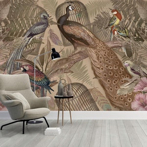Oriental Bird Wallpaper Peacock Peel and Stick Wall Mural Asian Wall