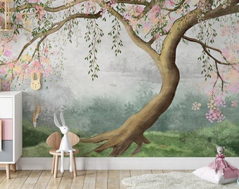 Arbre en fleurs avec des branches de saule, un arbre dans le brouillard avec une grue volante papier peint auto-adhésif Peel & Stick peintures murales décoration murale