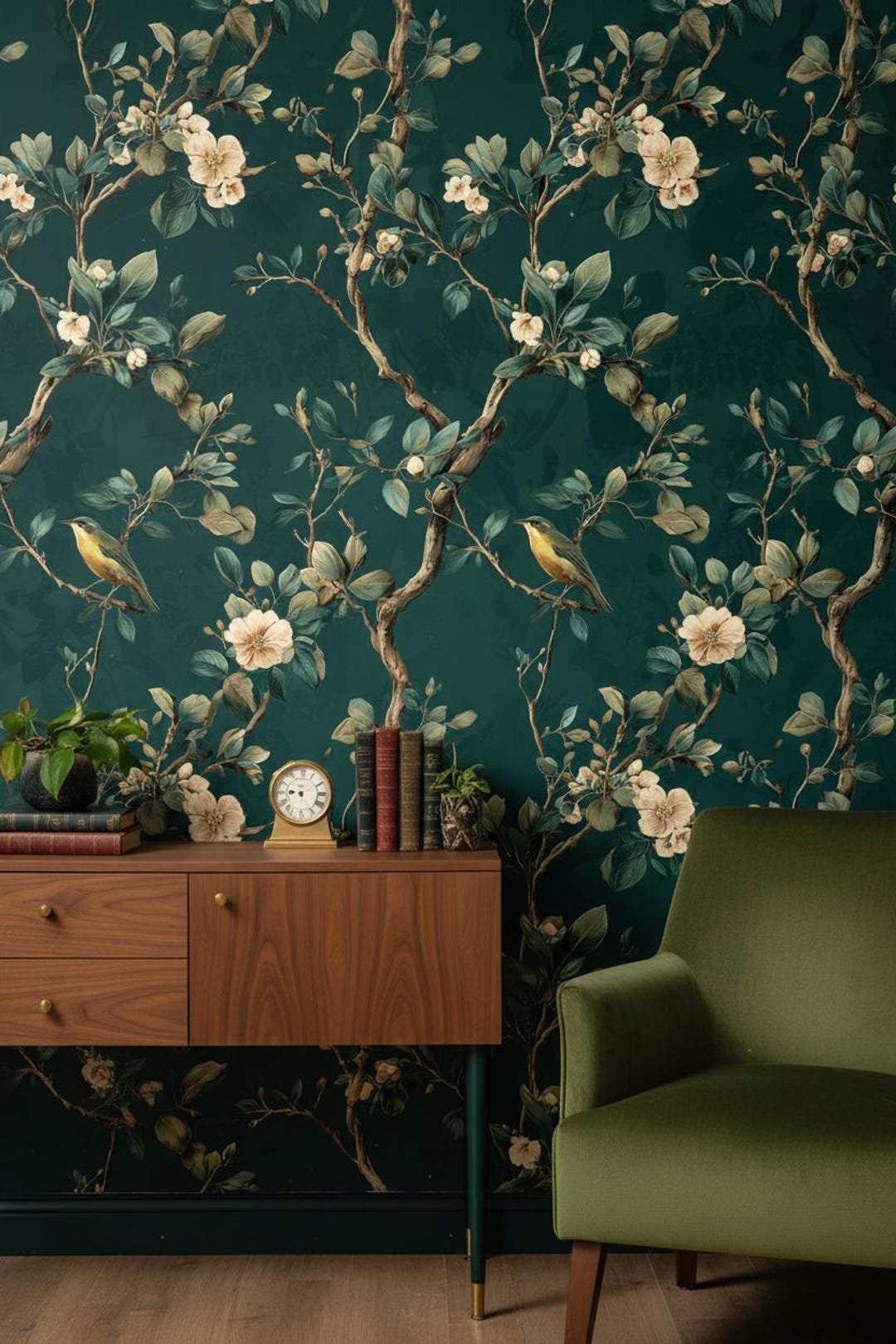 Floral Wallpaper Vintage Peel and Stick Bird Wall Mural - Etsy