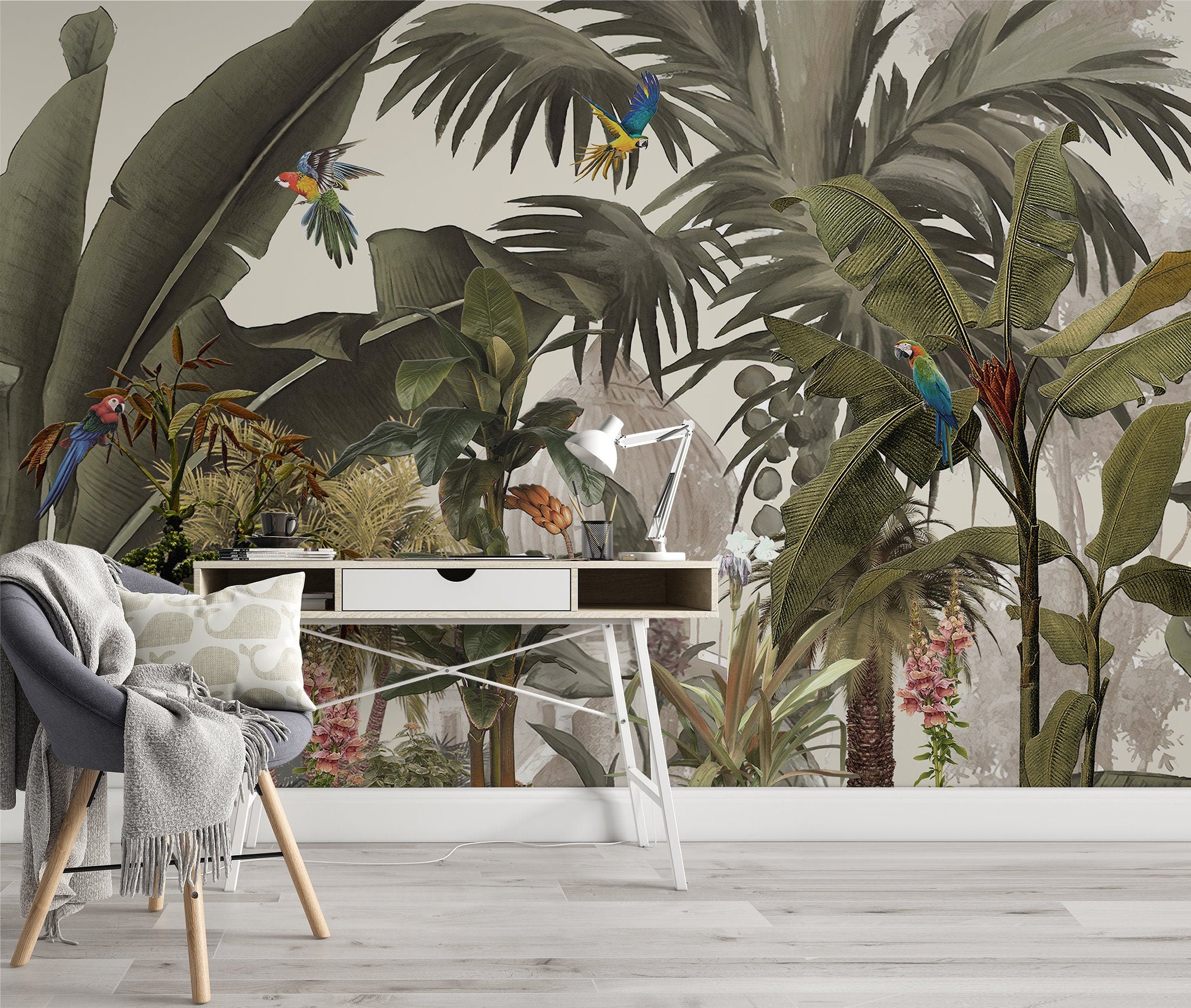 Wild Animals In Tropical Jungle Rainforest Flowers Floral Wallpaper