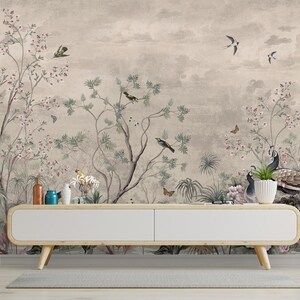 Chinoiserie Wallpaper Banana Palm Tropical Peel and Stick Birds Peacock Wall Mural Paper