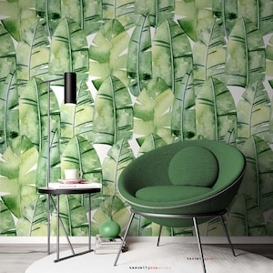 Tropische Aquarell Tapete Grüne Blätter Schälen und Stick Wanddekoration minimalistische skandinavische Wanddeko