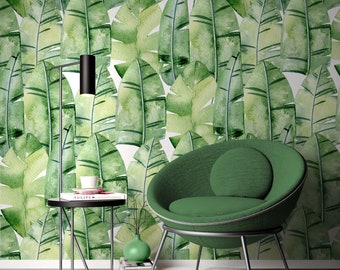 Tropical Watercolor  Wallpaper Green Leaves Peel and Stick Wall Decoration Minimalistic Scandinavian Wall Decor