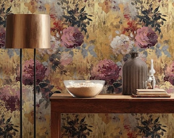 Carta da parati floreale con rose, stacca e attacca, murale vintage