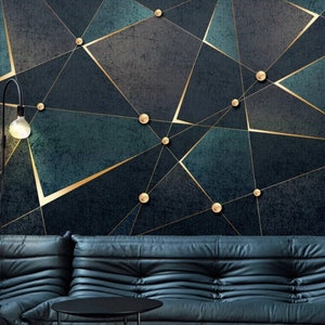 Carta da parati con triangolo geometrico scuro e dorato/murale trapezoidale stacca e incolla per soggiorno/decorazione murale rimovibile
