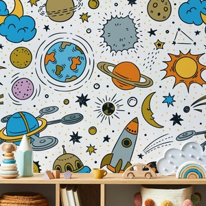 Sfondo spaziale con pianeti, astronavi, razzi e stelle, divertente carta da parati autoadesiva, decorazione murale rimovibile