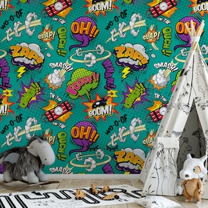 May include: A teal blue wallpaper with a comic book theme. The wallpaper features a repeating pattern of colorful speech bubbles with words like "BOOM!" "ZAP!" and "OMG!" The wallpaper is perfect for a child's room or playroom.