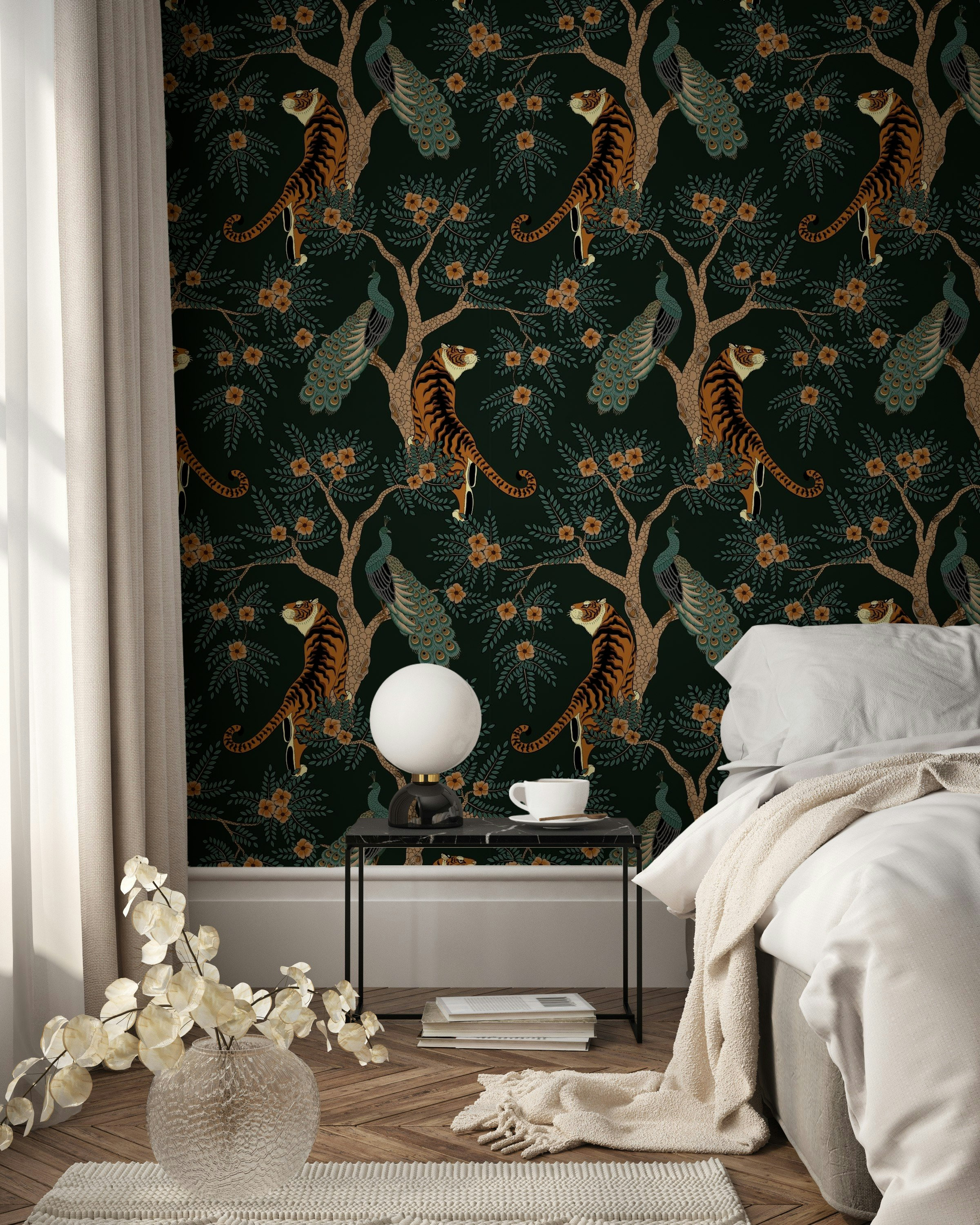 Exotic Jungle Themed Wallpaper Elegant Tigers and Peacocks Design