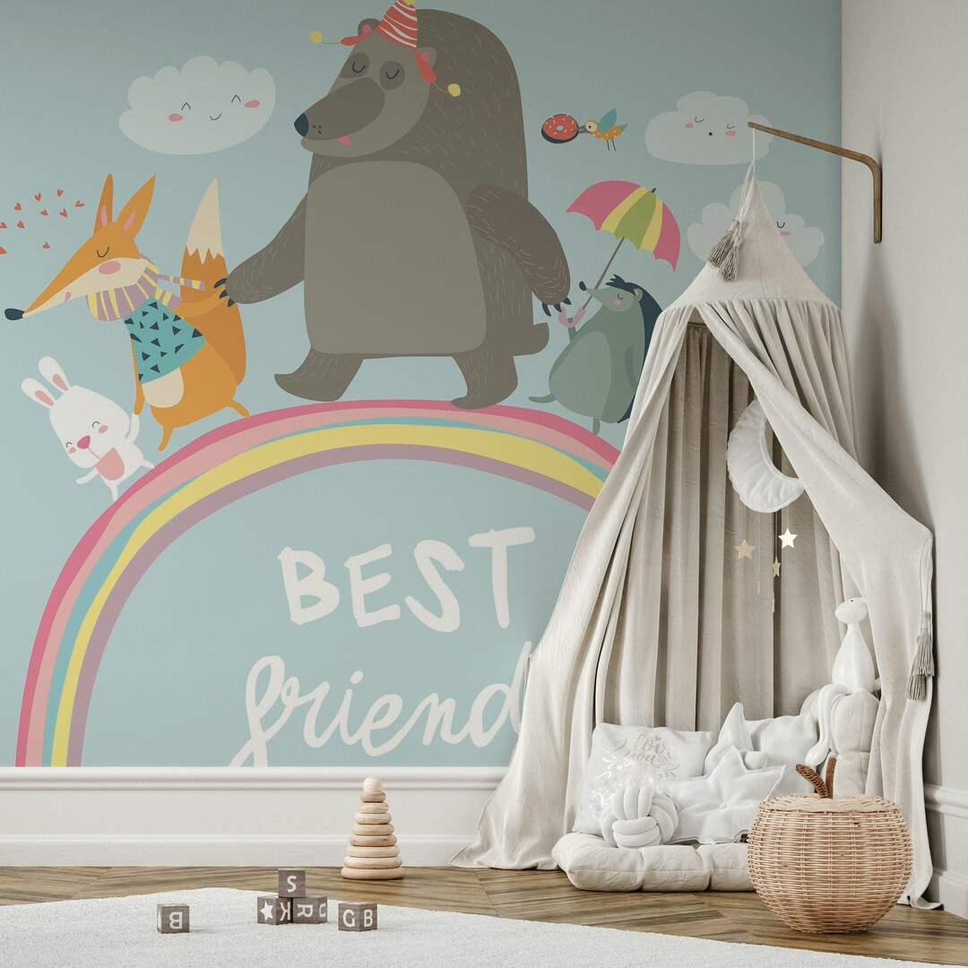 Happy Animals Wallpaper Playroom Peel and Stick Kids Room Wall Mural ...