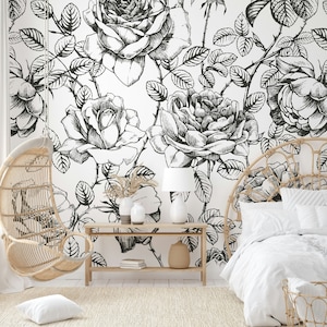 Skizze Blumen Schwarz Weiß Blumen Tapete Selbstklebendes Schälen und Aufkleben Wandbild Wanddekoration Skandinavisches Design Abnehmbares