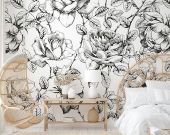 Carta da parati floreale in bianco e nero, murale staccabile e attaccabile con fiori disegnati