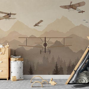 Vintage Airplanes Foggy Forest Row a Mountains Wallpaper Self Adhesive Peel and Stick Wall Murals Wall Decoration Removable