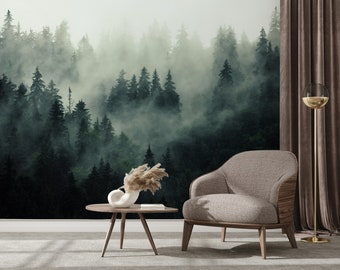 Misty Forest Trees Leaves Floral Natural Nature Wallpaper Self Adhesive Peel and Stick Wall Murals Wall Decoration Scandinavian Removable
