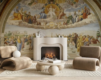 Sacred Discussion Raffaello Wallpaper Self Adhesive Peel and Stick Wall Mural Wall Decoration Minimalistic Scandinavian Design Removable