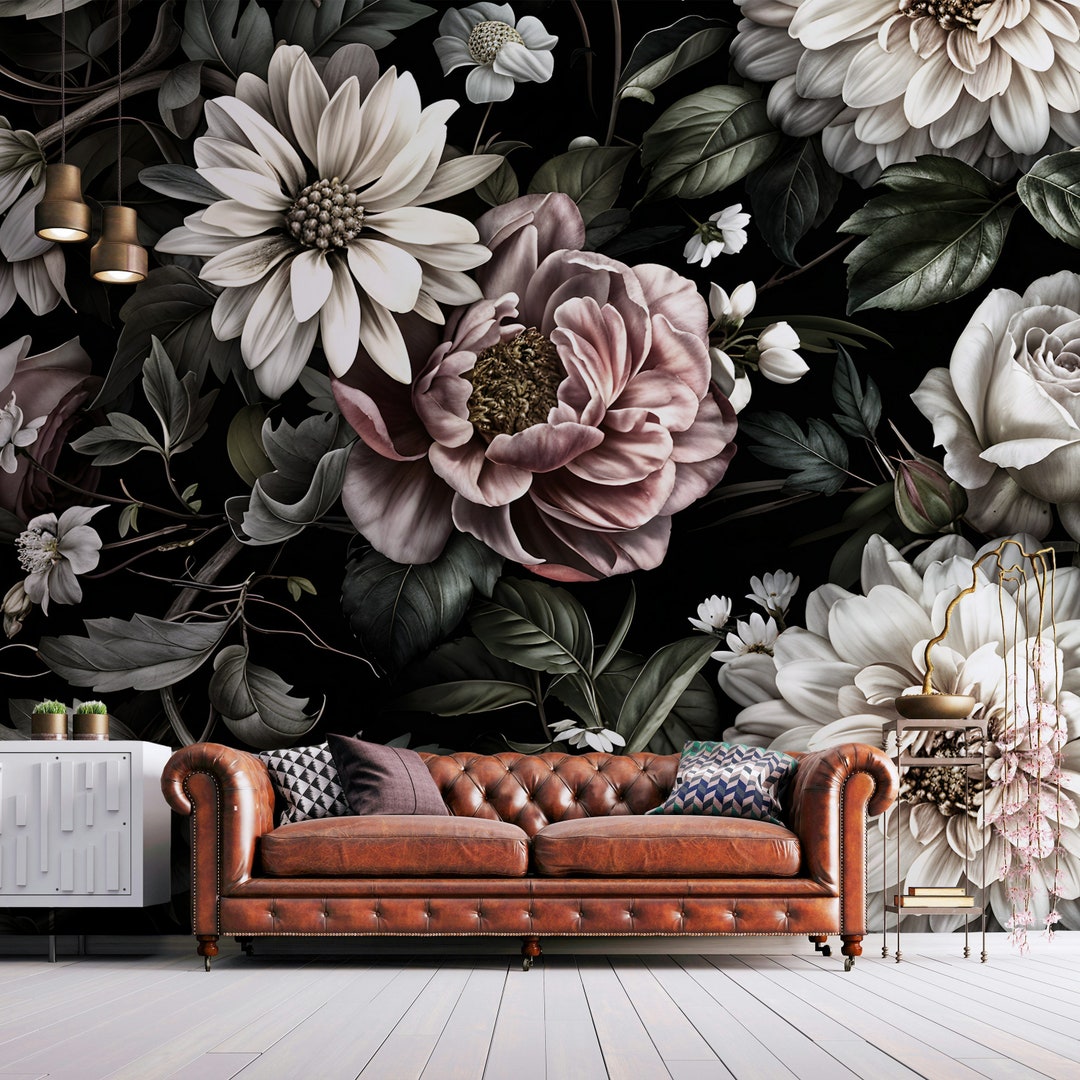 Dark Floral Peel and Stick Wallpaper - Black Background Wall Mural ...
