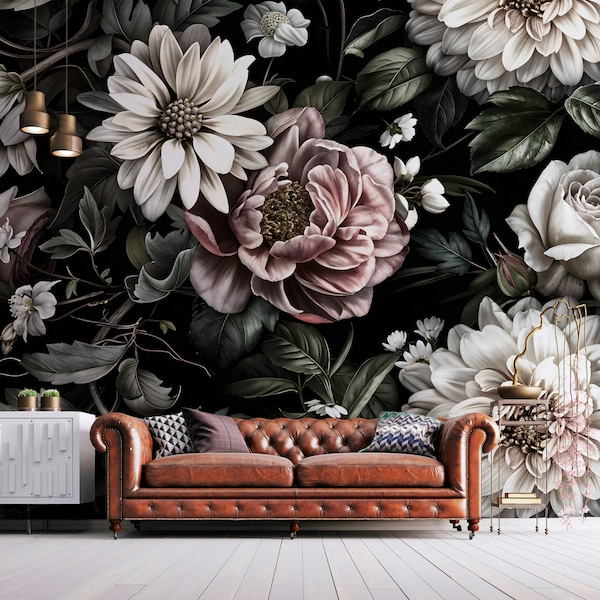 Dark Floral Peel and Stick Wallpaper - Black Background Wall Mural, Chrysanthemums, Roses, White, Pink, Cream Flowers, Detailed Leaves