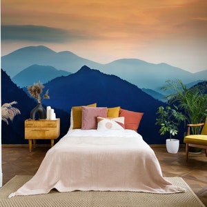 Mountain Landscape And Sunset Red Sky Natural Nature Wallpaper Self Adhesive Peel and Stick Wall Mural Wall Decoration Removable