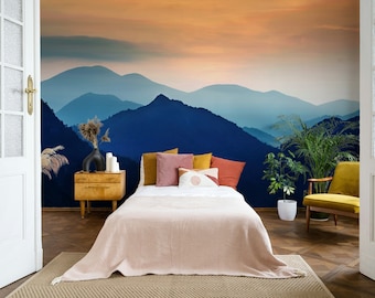 Mountain Landscape And Sunset Red Sky Natural Nature Wallpaper Self Adhesive Peel and Stick Wall Mural Wall Decoration Removable