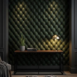May include: A dark green tufted wall with a diamond pattern and gold-colored button accents. A wooden console table with a black metal frame holds a potted plant, books, and a gold-colored lamp. The room has dark gray walls and trim.