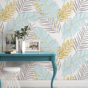Carta da parati con foglie tropicali turchese grigio oro Carta da parati autoadesiva staccabile e incollabile Decorazione murale minimalista scandinavo rimovibile