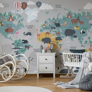 Papel pintado autoadhesivo para decoración de pared, diseño de pingüinos, delfines, elefantes, oso, león y otros animales en el mapa del mundo, extraíble