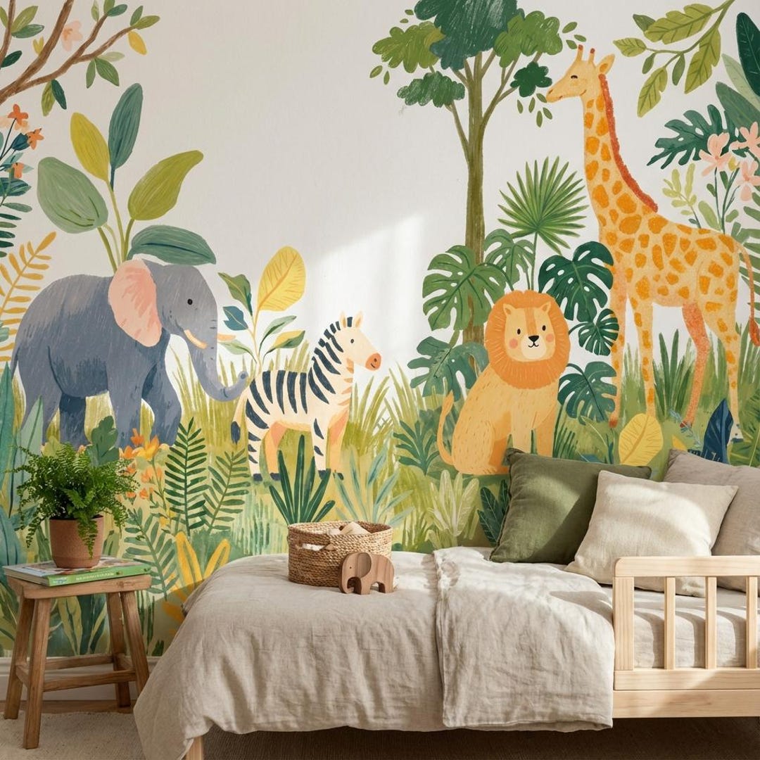 Jungle Safari Wallpaper Mural for Nursery With Animal Illustrations - Etsy