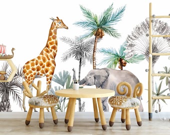 Girafe Eléphant Gris et Vert Plam Arbres Fond Papier Peint Auto Adhésif Peel et Stick Murals Décoration Murale Amovible