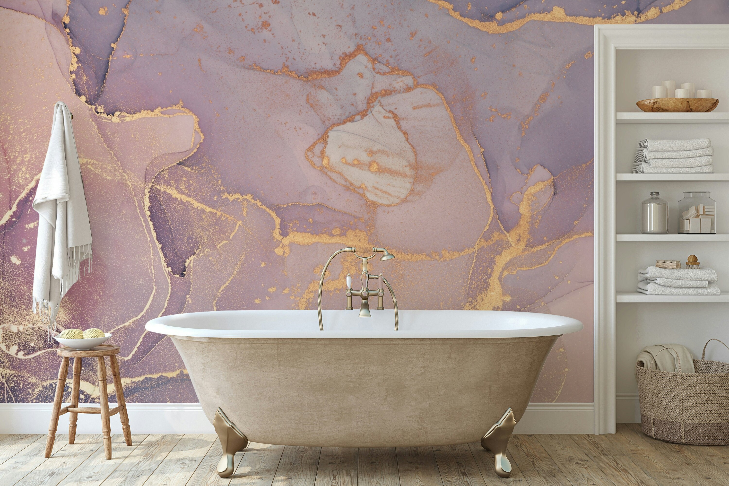 Allenjoy Duschvorhang – Lila Marmor-Design Mit Gold, 183x183 Cm, Mit 12 Haken, Polyester