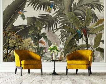 Tropical Jungle Plants and Leaves Parrots Rainforest Floral Wallpaper Self Adhesive Peel and Stick Wall Mural Wall Decoration Removable
