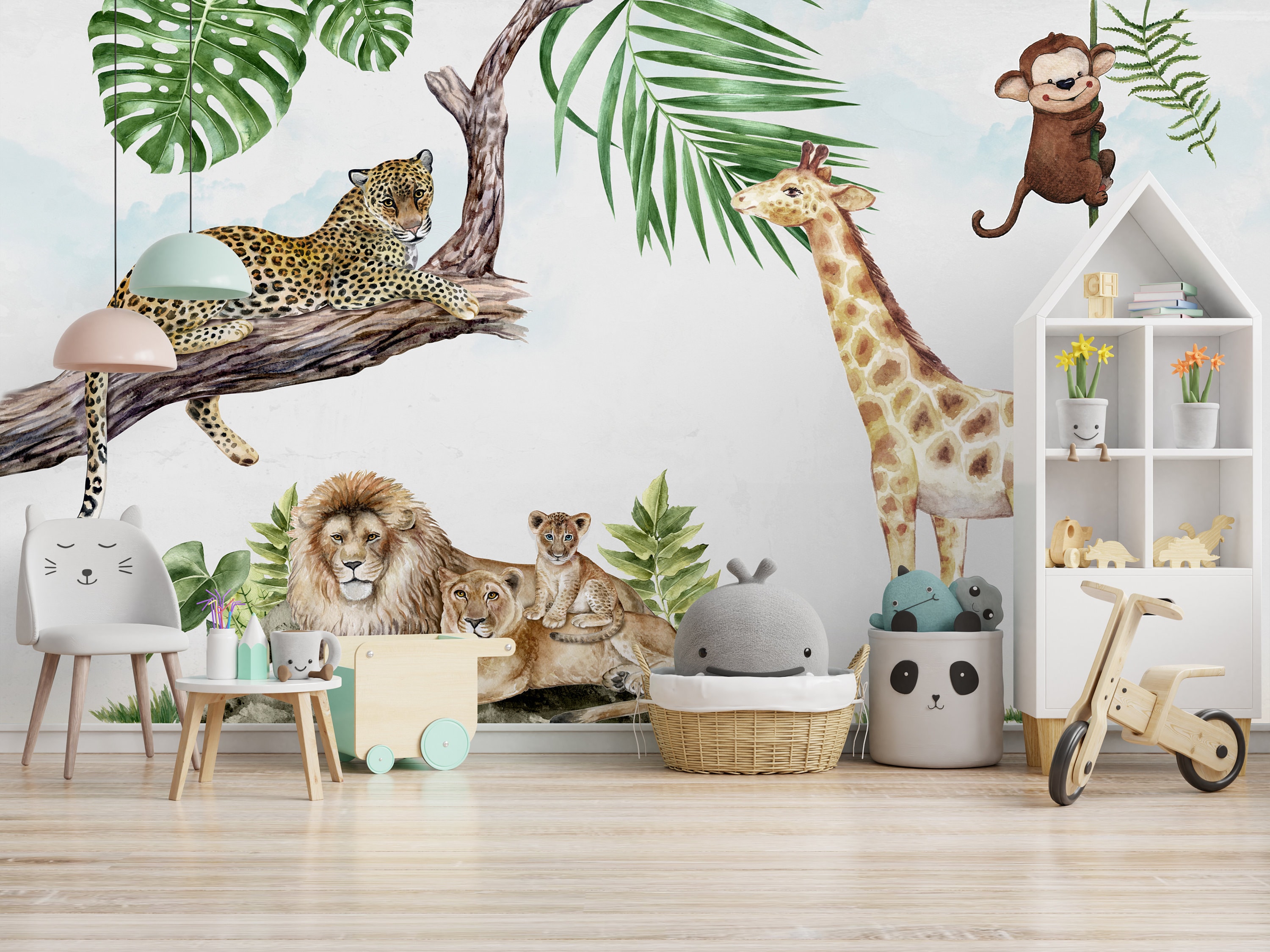 Safari Lion Family and Leopard Giraffe Cute Monkey Wallpaper Self ...