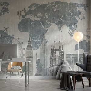 Vintage Style Blau Weiße Weltkarte Stadt Glockenturm Tapete Selbstklebendes Schälen und Aufkleben Wandbilder Wanddekoration Entfernbar