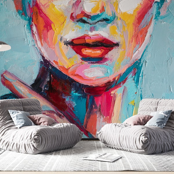 Woman Face Wallpaper Pastel Colorful Art Peel and Stick Wall Mural Canvas İmage Wall Decor