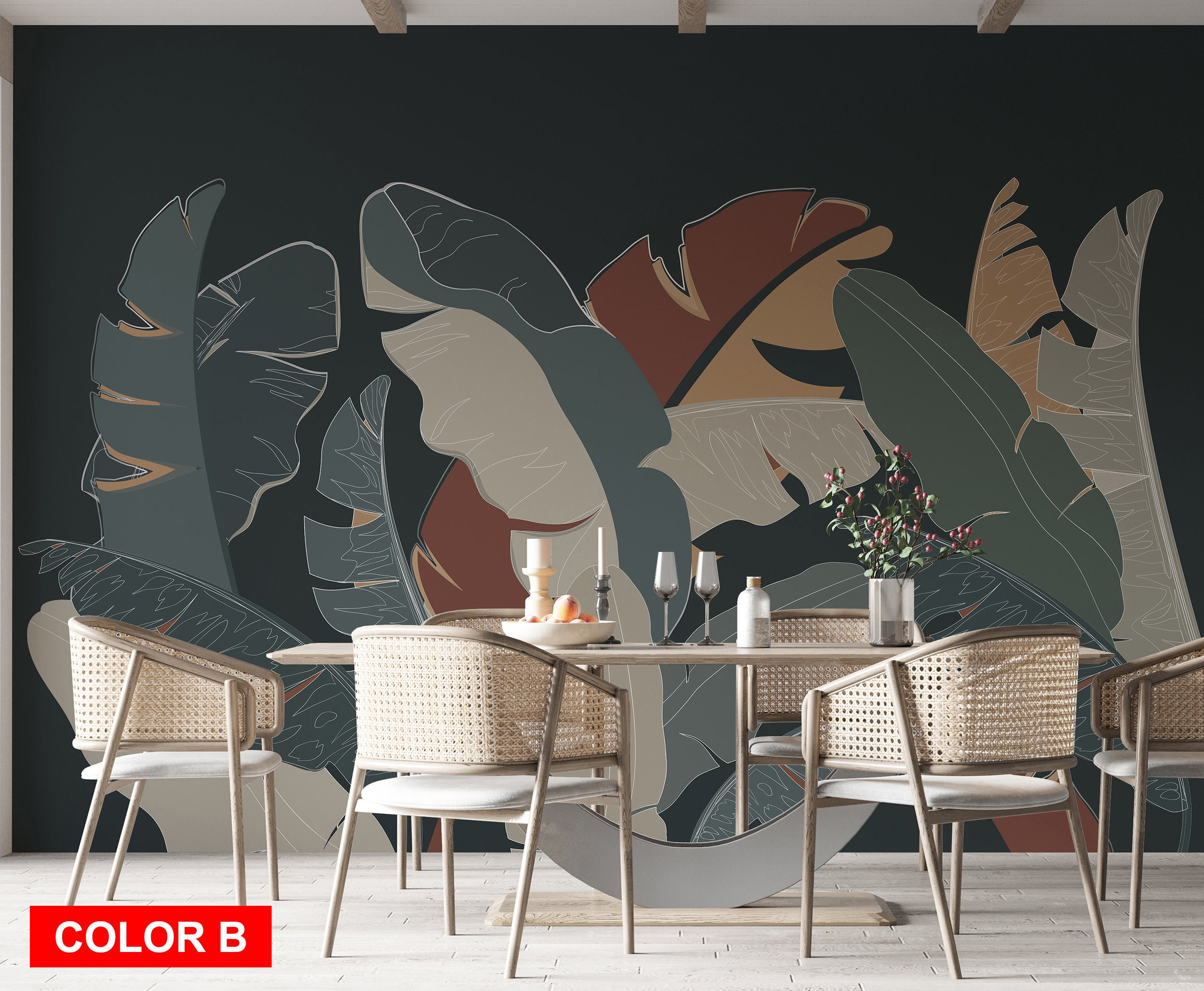 Monstera Leaves Wallpaper Exotic Wall Decor Illustration Peel - Etsy