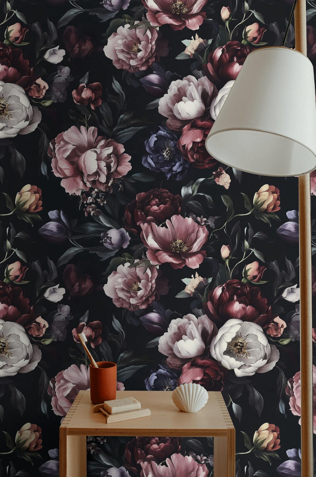 Dark Peony Wallpaper Floral Bouquet Peel and Stick Dramatic Wall Mural ...