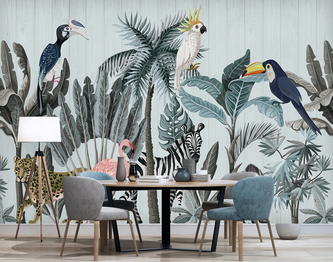 Tropical Jungle Animals Peel and Stick Wallpaper | Removable Wall Mural ...