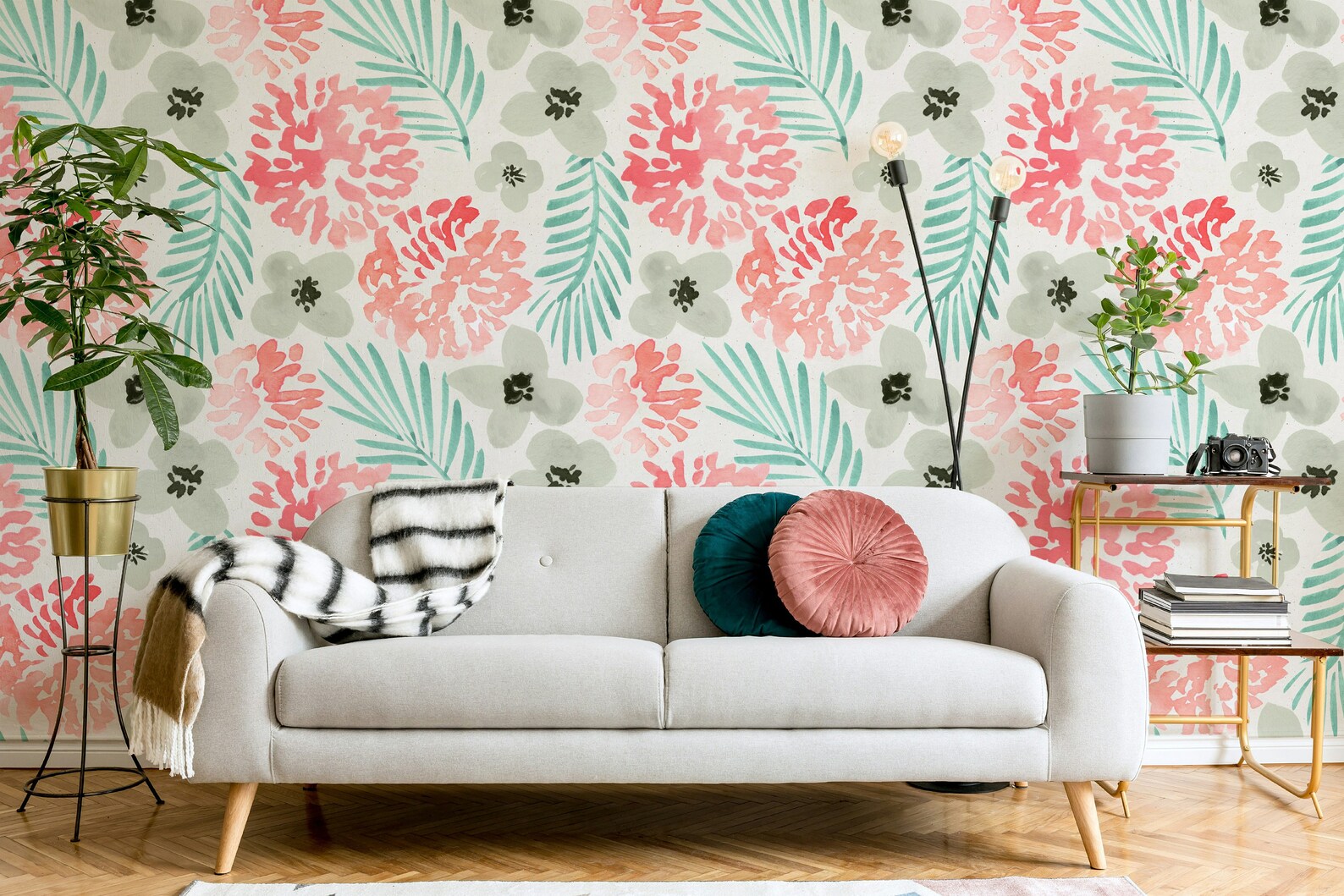 Watercolor Pink Green Gray Modern Design Flowers Floral Wallpaper Self ...