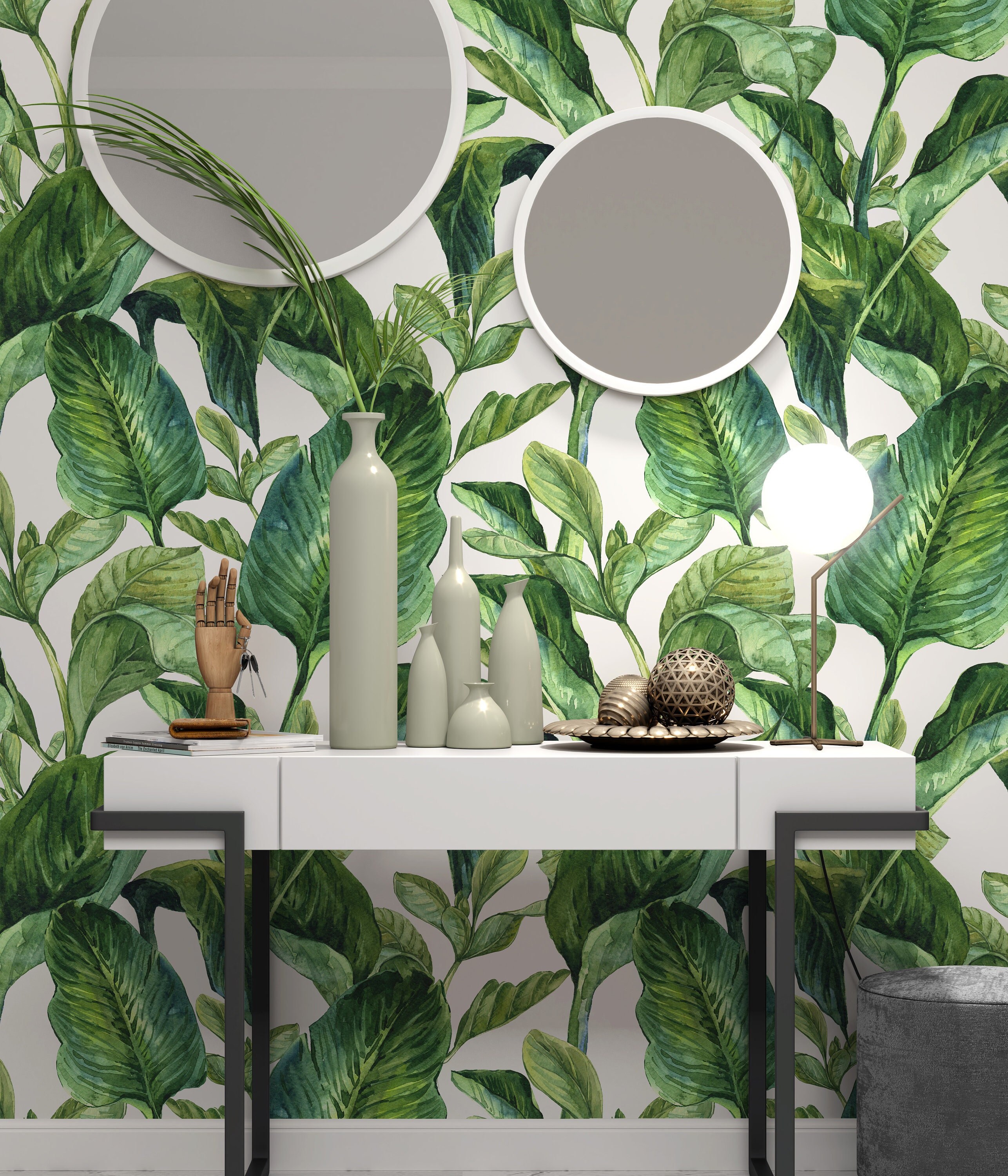  Papel pintado autoadhesivo de PVC, hermoso diseño floral  vintage de verano con hojas de palma, hibisco, tropical, despegar y pegar,  para pared, póster de pared, decoración del hogar, para sala de
