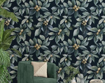 Olive Branch Wallpaper Green Botanical Peel And Stick Dark Wall Mural