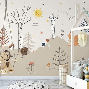 Kids Autumn Effect Wallpaper Mountain Range Peel and Stick Wall Mural Nursery Wall Decor