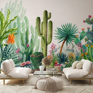 Carta da parati con fiori di cactus verde, piante esotiche tropicali, carta da parati autoadesiva Peel & Stick, decorazione da parete, design scandinavo, rimovibile