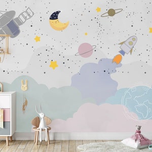Carta da parati dai colori tenui, nuvole colorate, pianeti, stelle, luna, navicella spaziale, carta da parati autoadesiva, decorazione murale rimovibile