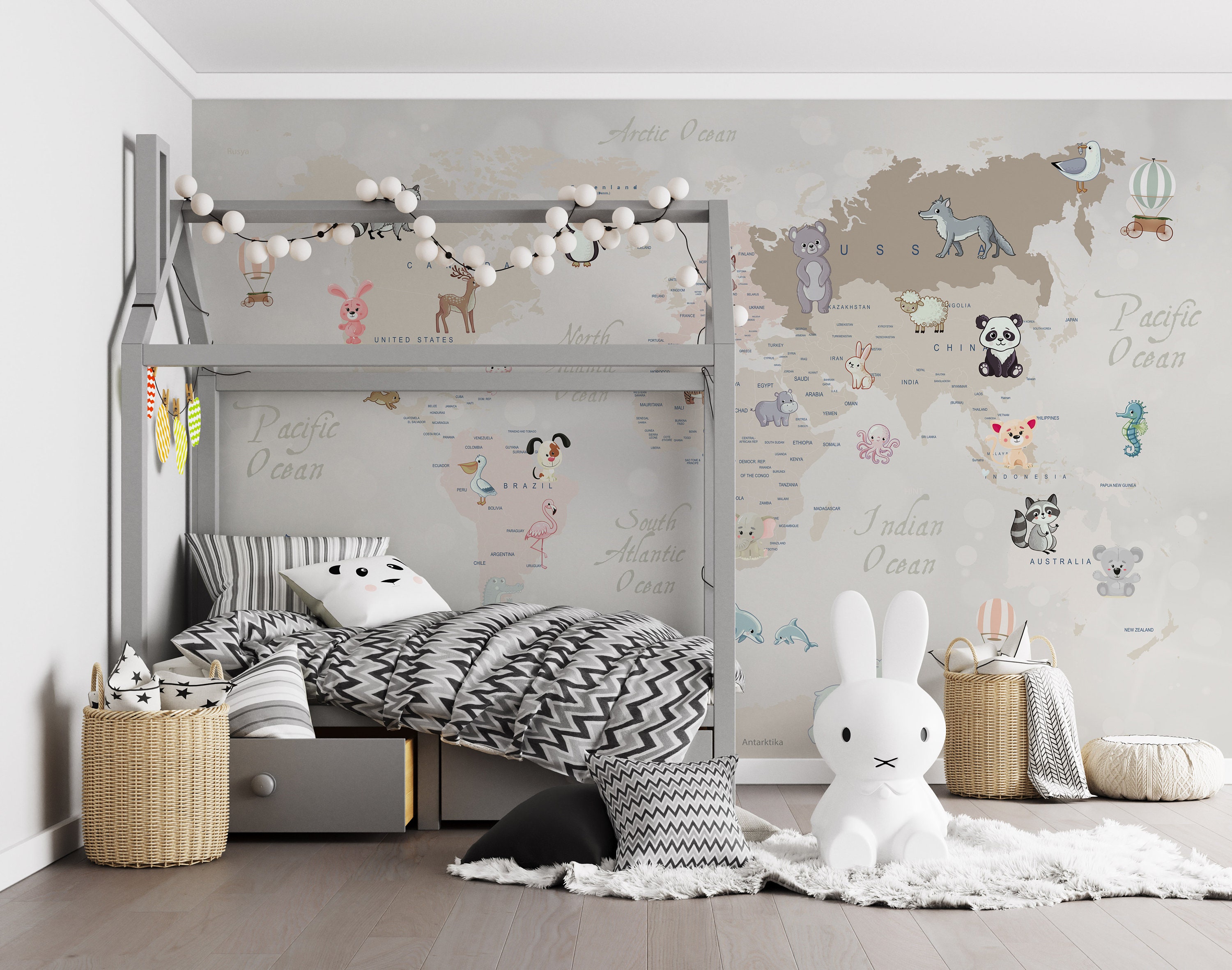 Oceans Cute Baby Land and Sea Creatures Animals World Map for Kids ...