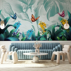 Colorful Butterflies and Flowers Tropical Plants Leaves Wallpaper Self Adhesive Peel and Stick Wall Sticker Wall Decoration Removable