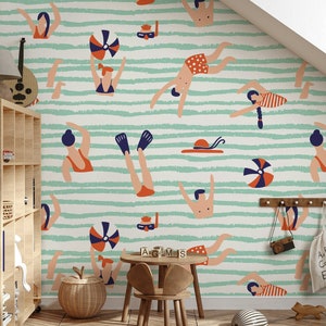 People Playing Volleyball and Swimming Sea Swimmers Funny Wallpaper Self Adhesive Peel and Stick Wall Decoration Removable