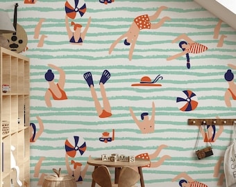 People Playing Volleyball and Swimming Sea Swimmers Funny Wallpaper Self Adhesive Peel and Stick Wall Decoration Removable