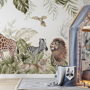 Carta da parati autoadesiva con animali selvatici nella giungla tropicale, leone, leopardo, elefante, giraffa, zebra, uccello, stacca e attacca
