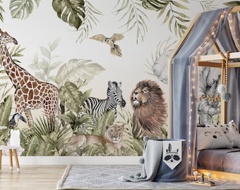 Wildlife in the Tropical Jungle Safari Lion Leopard Elephant Giraffe Zebra Bird Wallpaper Self Adhesive Peel & Stick Wall Mural