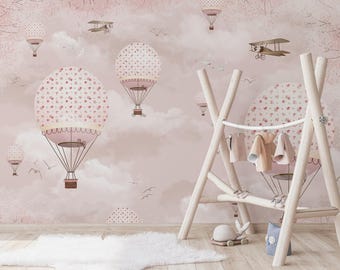 Hot Pink Air Balloon Wallpaper, Scandinavian Peel and Stick Wall Mural