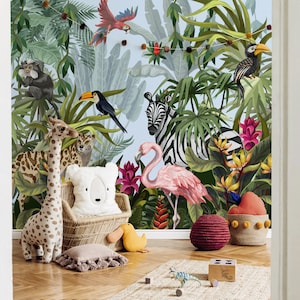 Wilde Tiere Im Tropischen Dschungel Regenwald Blumen Blumentapete Selbstklebendes Schälen und aufkleben Wandbild Wanddekoration Entfernbar
